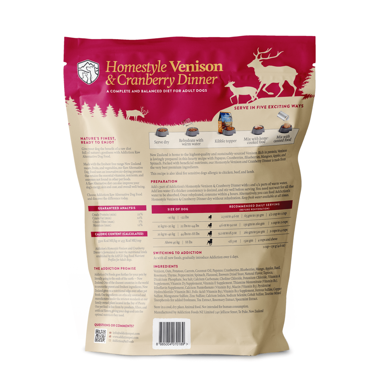 Addiction Homestyle Venison & Cranberry Dinner Raw Dehydrated Food for Dogs (2lbs)
