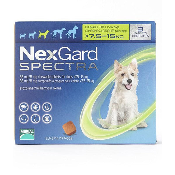 Nexgard Spectra Fleas Ticks Mites Heartworm Prevention for Medium Dog (7.5-15Kg)